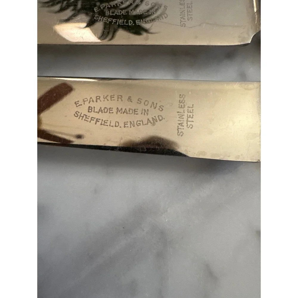 E Parker & Sons Sheffield England VTG 8pc Steak Knife & Carving Set Faux Horn